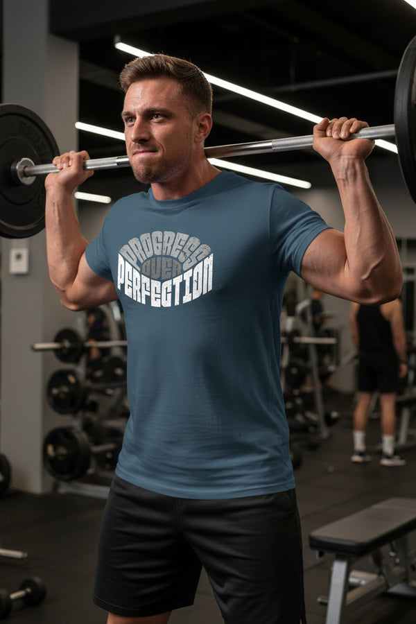 Midnight Navy Progress Over Perfection fitness t-shirt