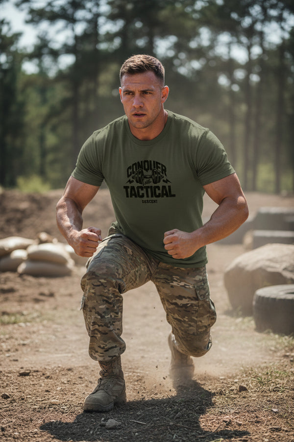 Military Green Motivational conquer fitness shirt