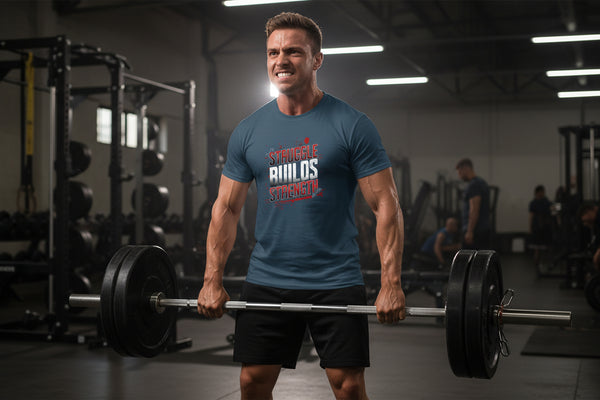Midnight Navy Men’s motivational gym t-shirt struggle builds strength