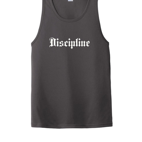Iron Grey moisture-wicking performance tank with DISCIPLINE print