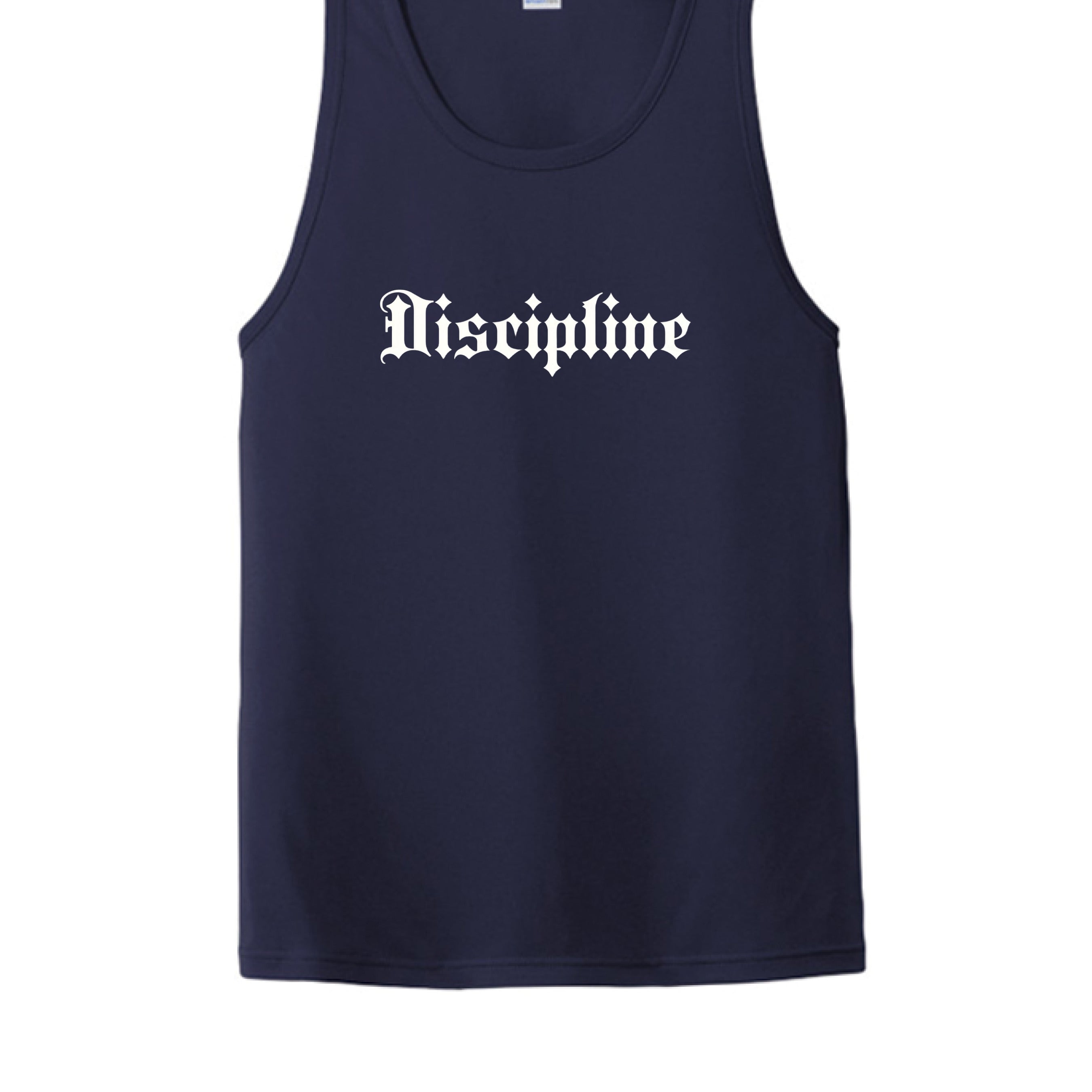 True Navy breathable workout tank with durable DISCIPLINE graphic