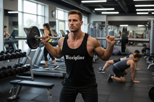 Black moisture-wicking performance tank with DISCIPLINE print
